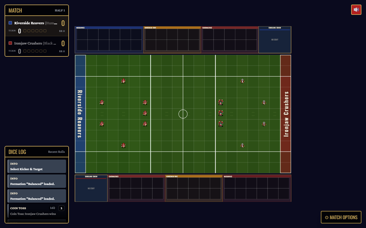 Blood Bowl Sevens live match with pitch, dugouts and dice log