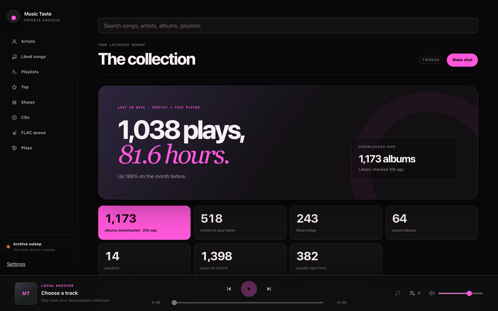 cdz-nuts collection view with listening stats and the player bar