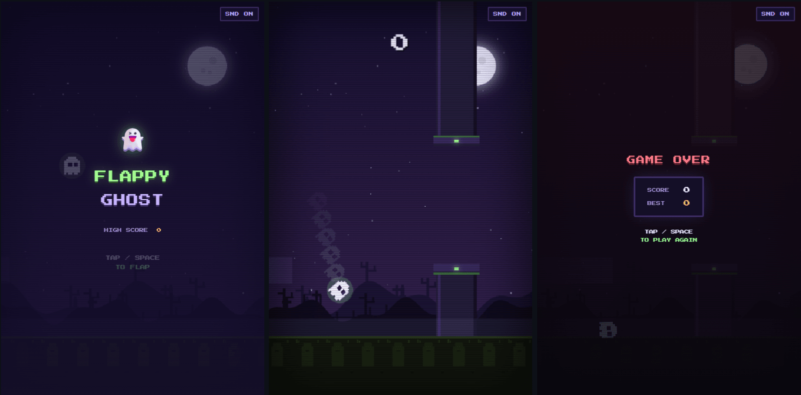 Flappy Ghost gameplay with haunted pillars