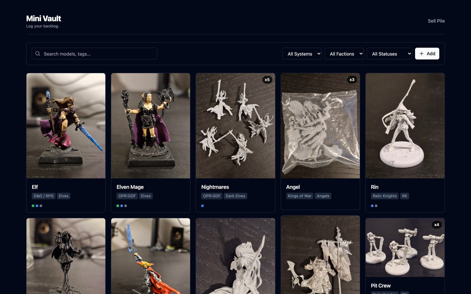 Mini Vault grid of miniature photos with system and faction tags
