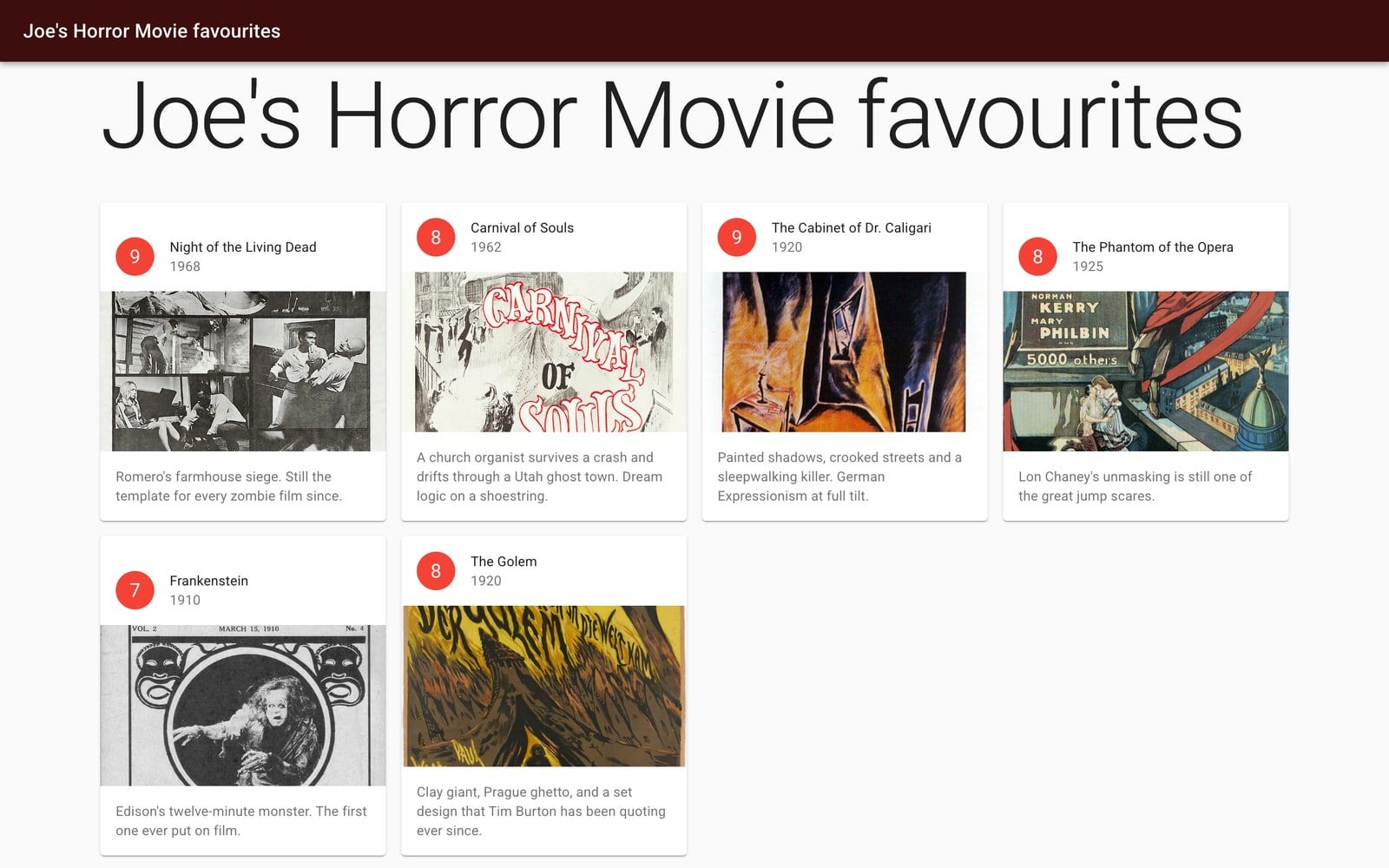 Horror movie list cards with posters and ratings