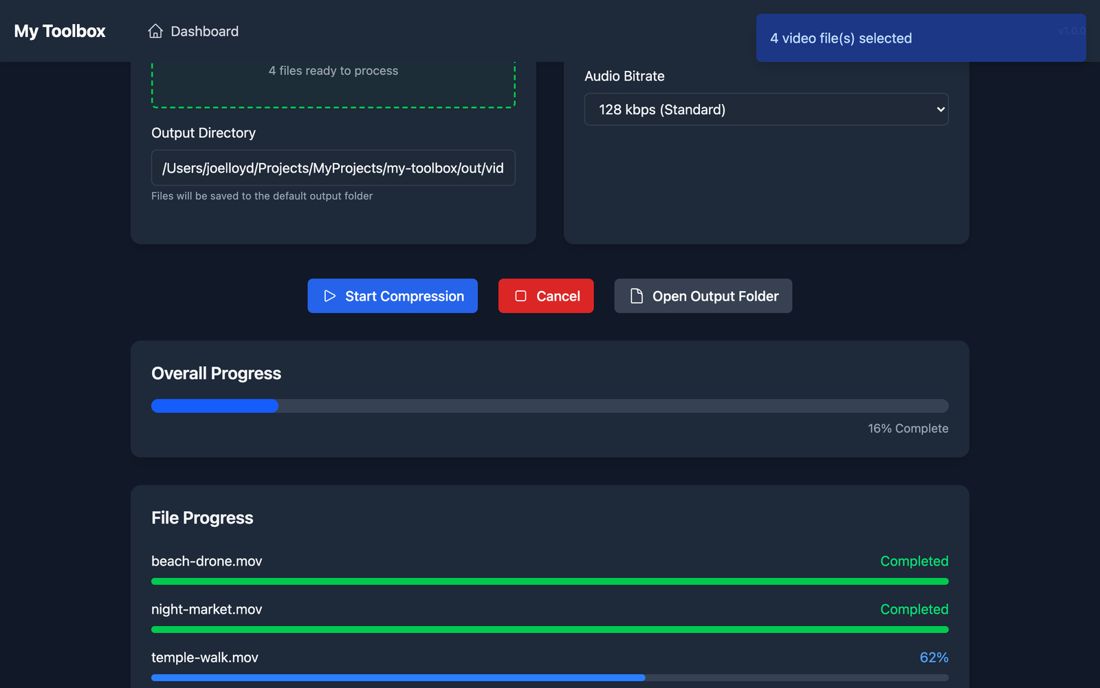 My Toolbox video compressor mid-run with per-file progress