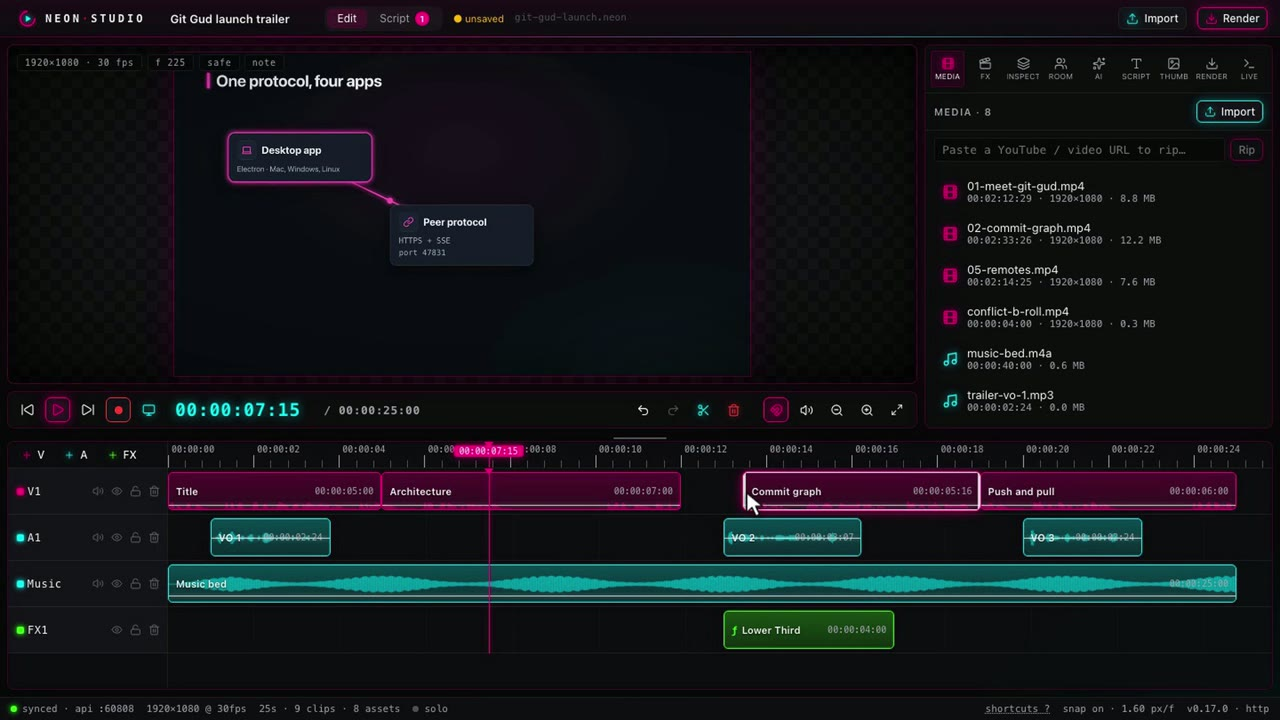 Neon Video Studio editing a video with layered clips, audio waveforms and the media library