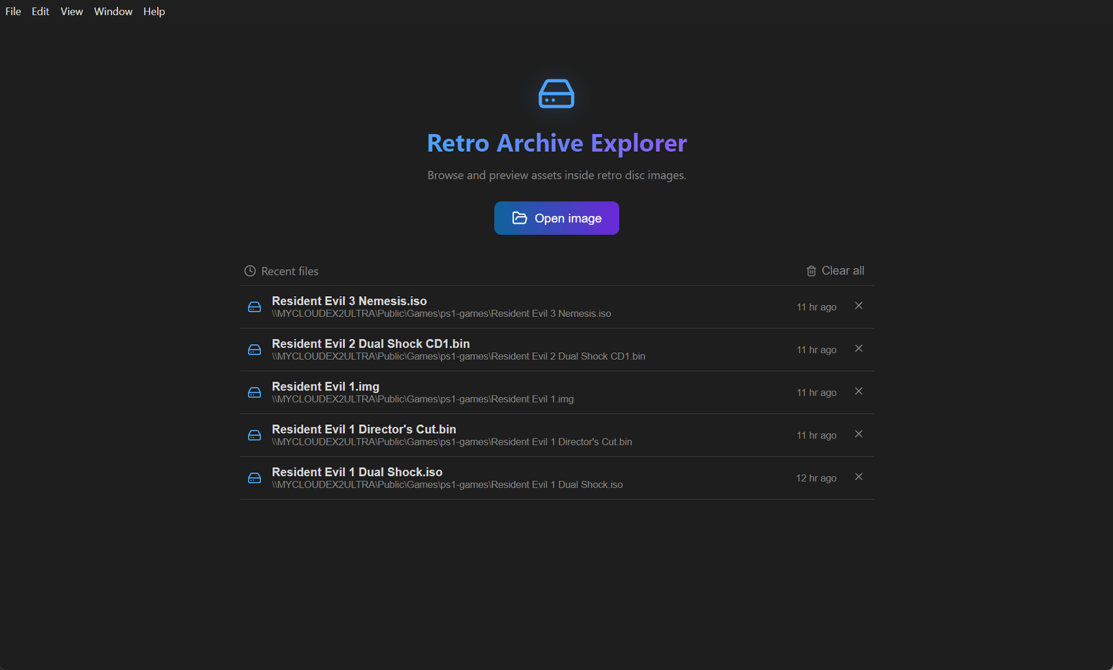Retro Archive Explorer showing a virtual file tree and 3D model viewport