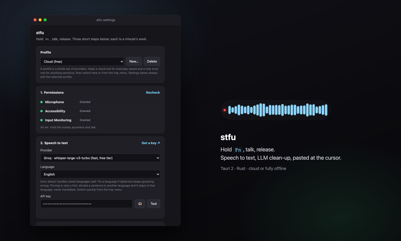 stfu settings window next to the floating waveform pill