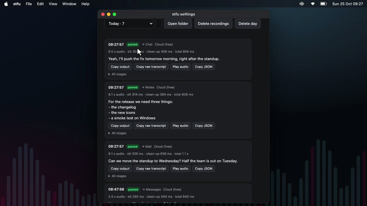 STFU transcription history in the current desktop app